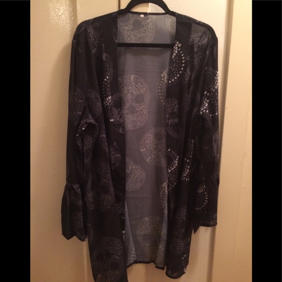 Other - Sheer Kimono Black/Gray Plus Size Skull Print